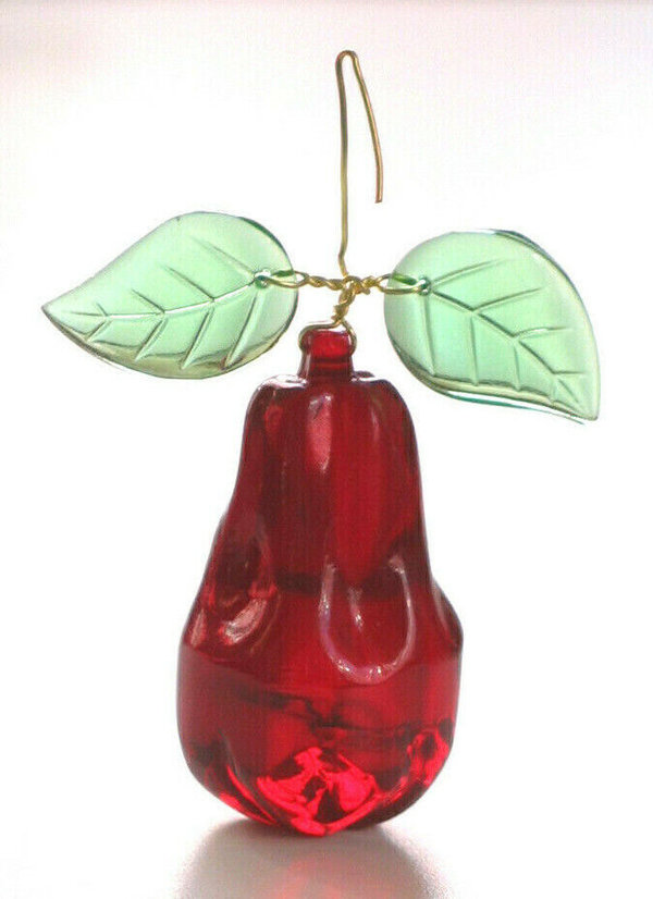 große Glas Birne  - rubin rot - mit 2 Glasblättern grün  - Lüsterbehang