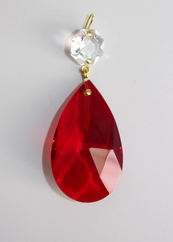 Kristall Glas Tropfen Facette rubin-rot 50mm + Oktagon klar